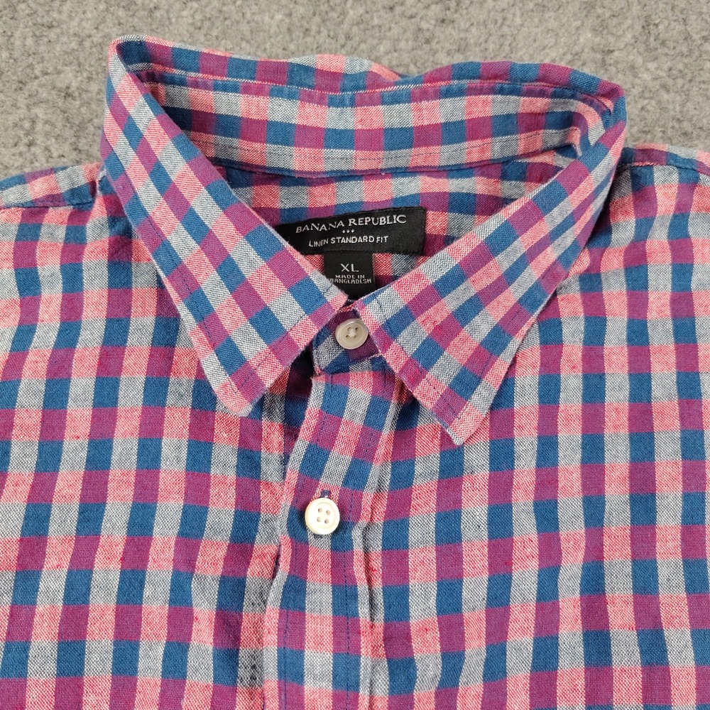 Banana Republic Linen Blend Button Up Shirt Men XL Standard Fit Blue Check EUC